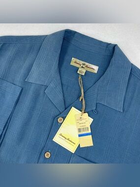 Tommy Bahama Silk Shirt Mens L Blue Poker Pirate Camp Short Sleeve Button Up